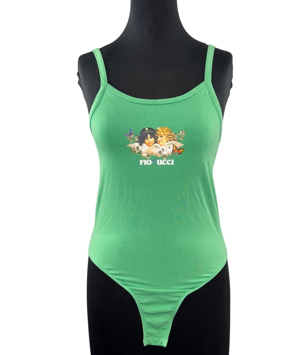 FIORUCCI Green Bodysuit Woodlands Angel Scoop Neck Spaghetti Strap L Large NWD